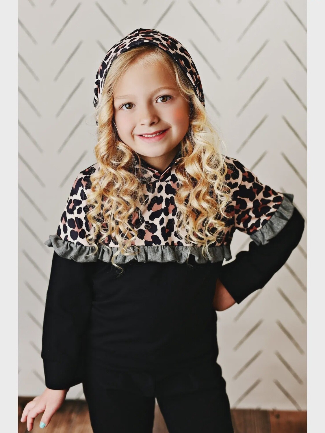 Kids Black Leopard Ruffle Hooded Sweatshirt Lounge Set