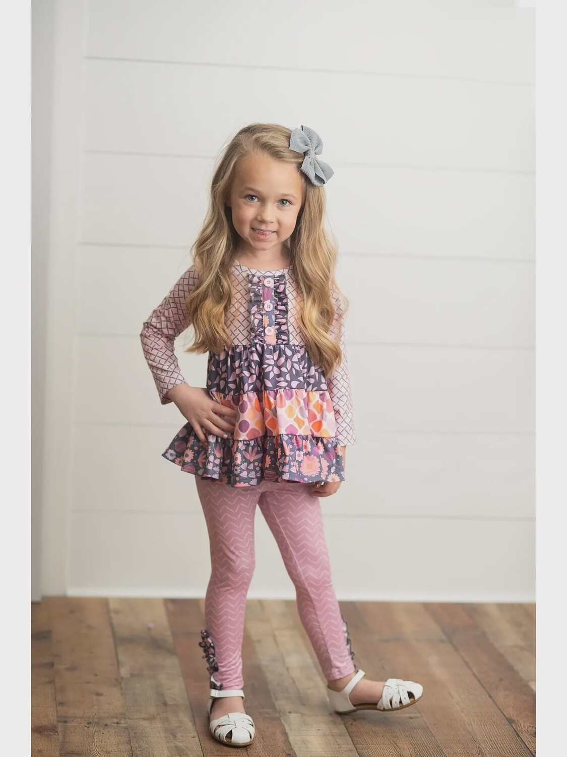 Kids Mauve &amp; Gray 3 Tiered Two Piece  Pant Set