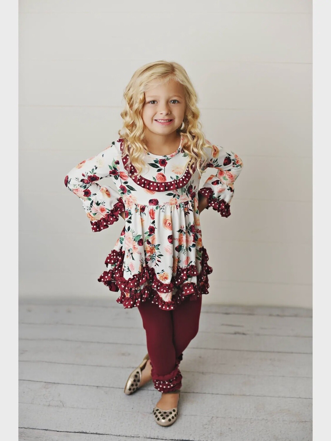 Kids Wine  Floral Ruffle Pant Two Piece Set
