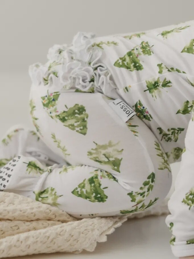 Ivory Christmas Trees Holiday Bamboo Zip Sleeper + Ruffles