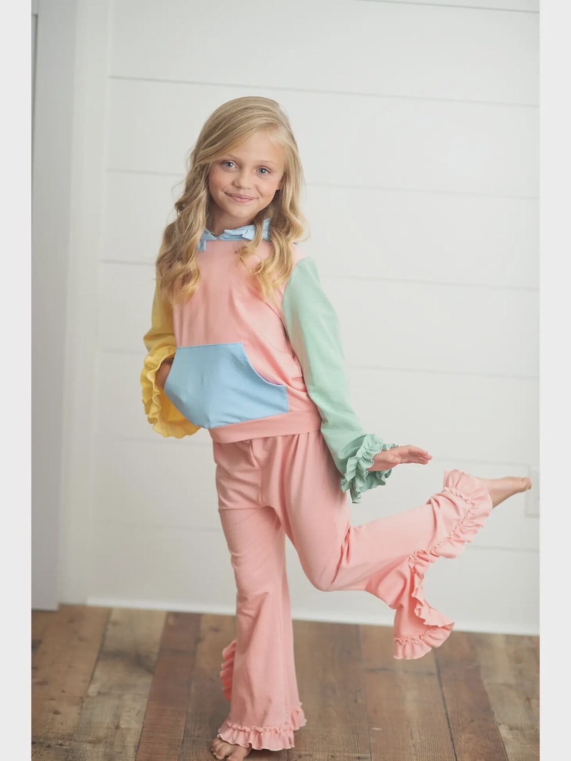Kids Pastel Color Block Hooded Ruffle Pocket Set