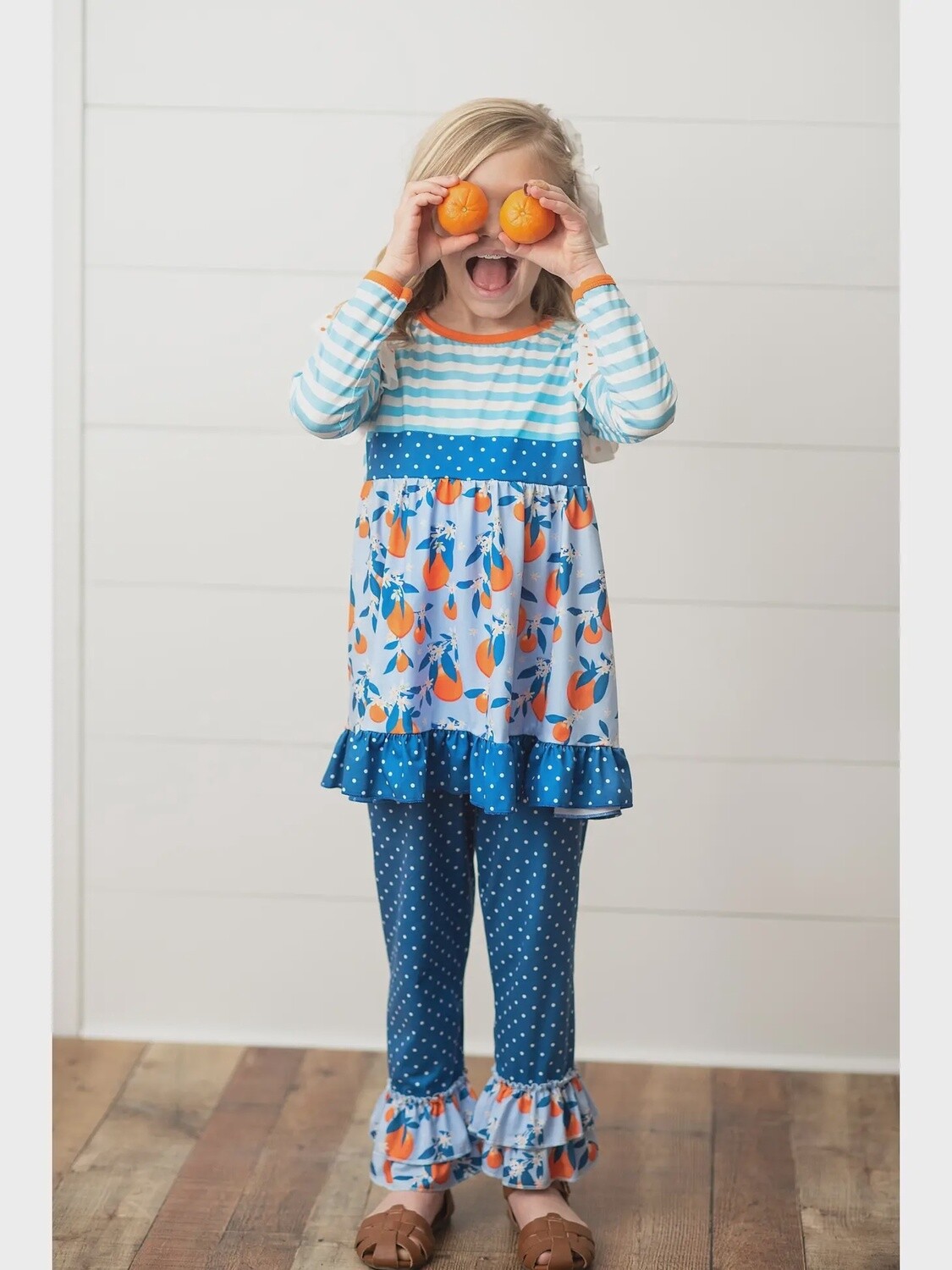 Kids Blue &amp; Orange Ruffle Two Piece Fall Pant Set
