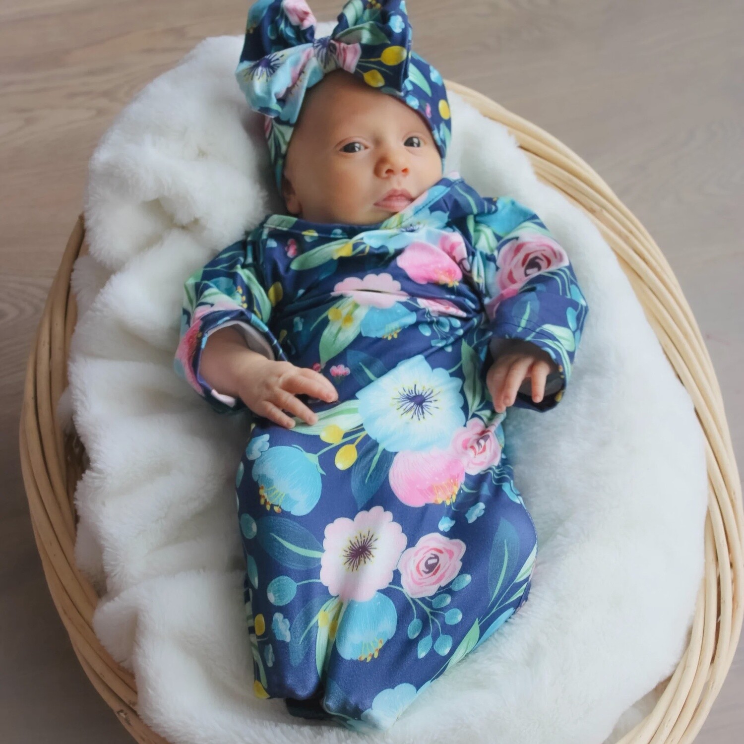 Infant Girls Pink Purple Floral Baby Gown and Bow Headband