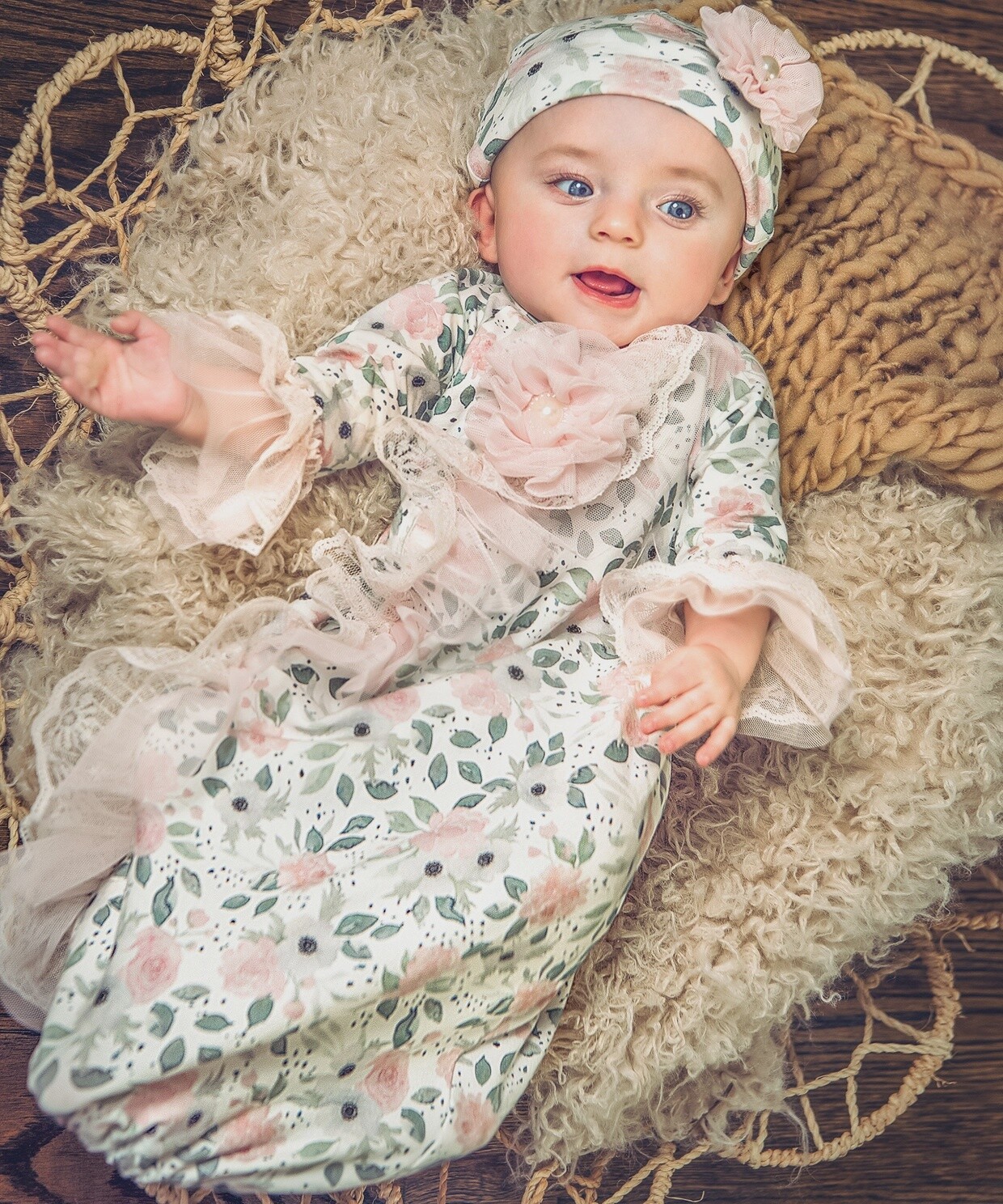 Watercolor Bloom Gown For Newborn Babies With Hat