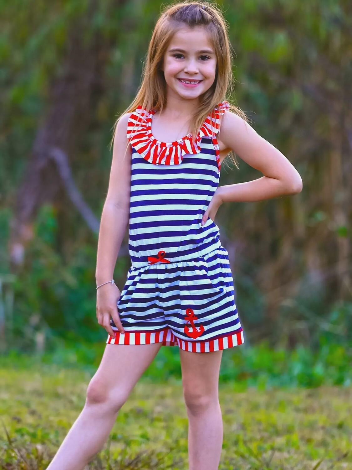 Girls Nautical Anchor Jumpsuit Shorts Beach Play Romper