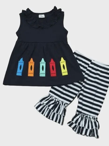 Girls Blue Crayon Tunic Striped Ruffle Capris Back To School