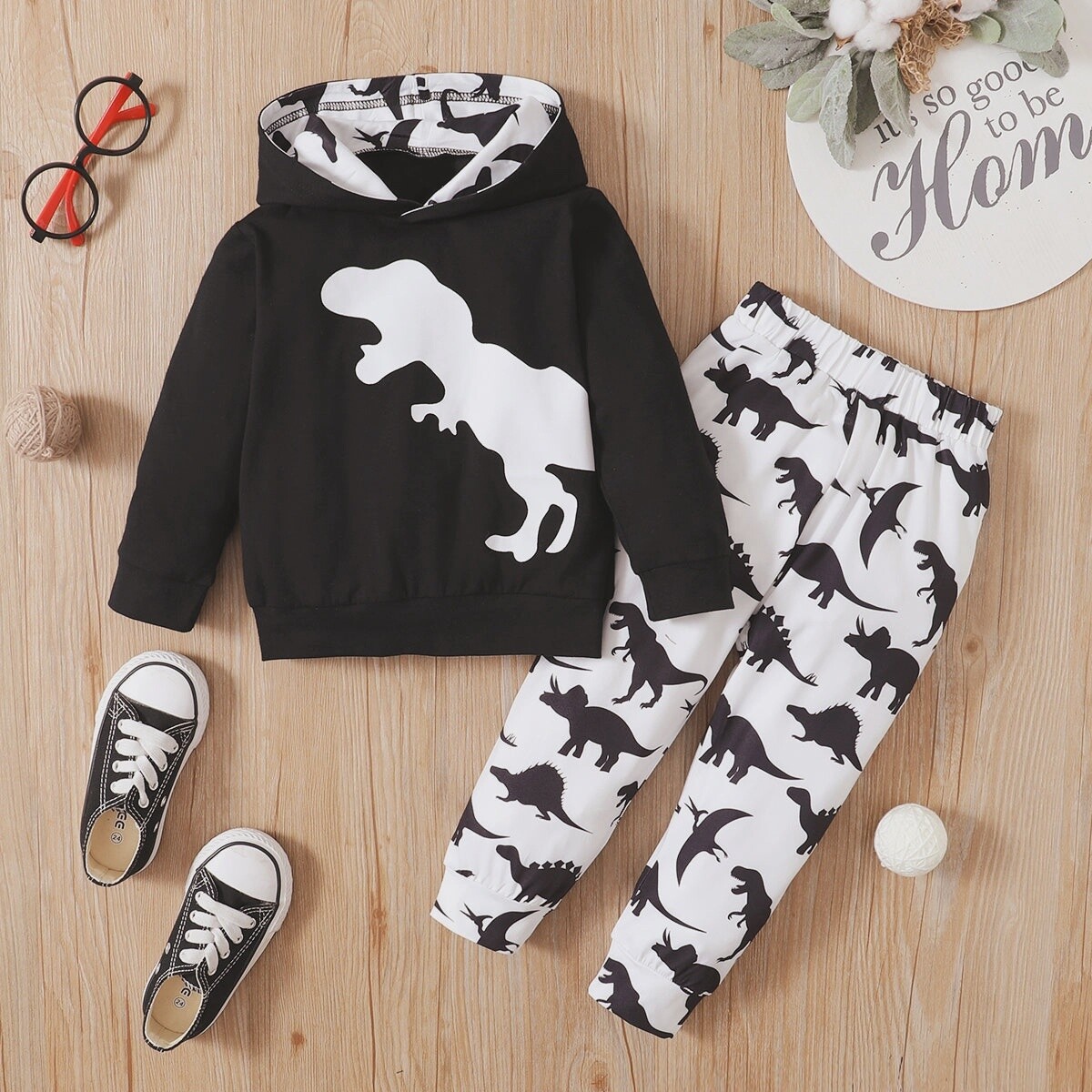 2pc toddler boy dino hoodie w/white pants