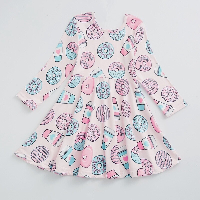 Baby Girls Valentine&#39;s Day Dress Kids Love Donut Print Dress