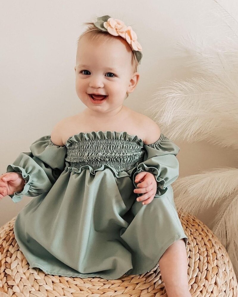 Calliope Puff Sleeve Off Shoulder Dress - Sage