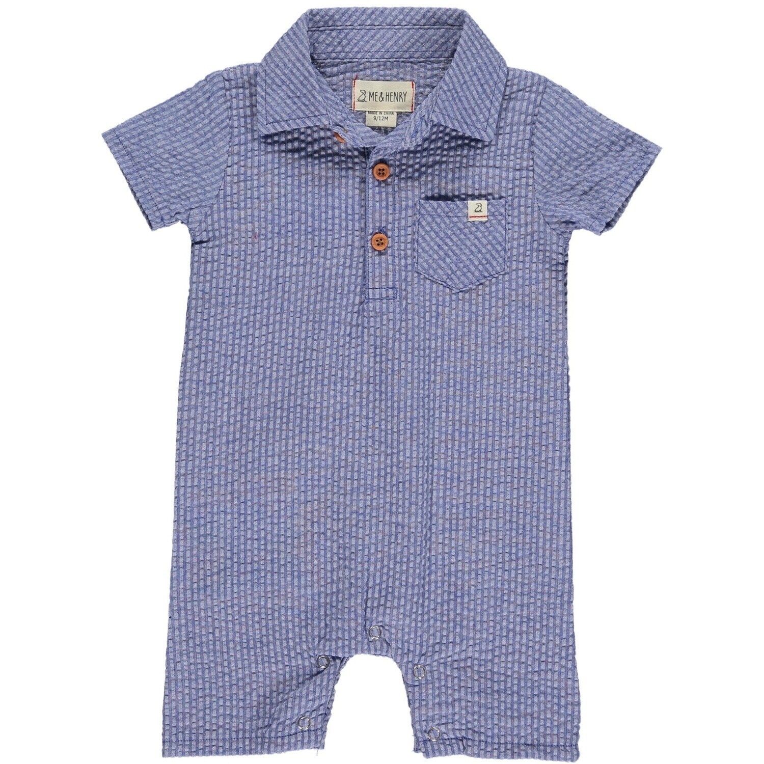 Blue Seersucker Polo Romper