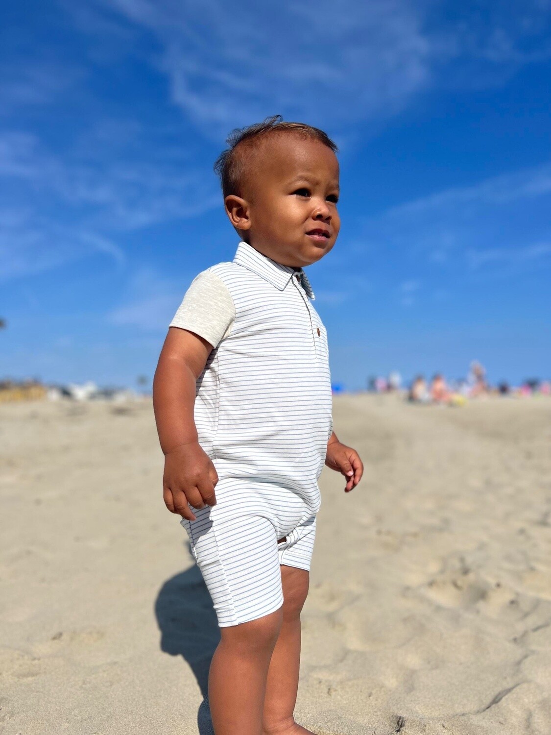 Grey/White Micro Stripe Polo Romper