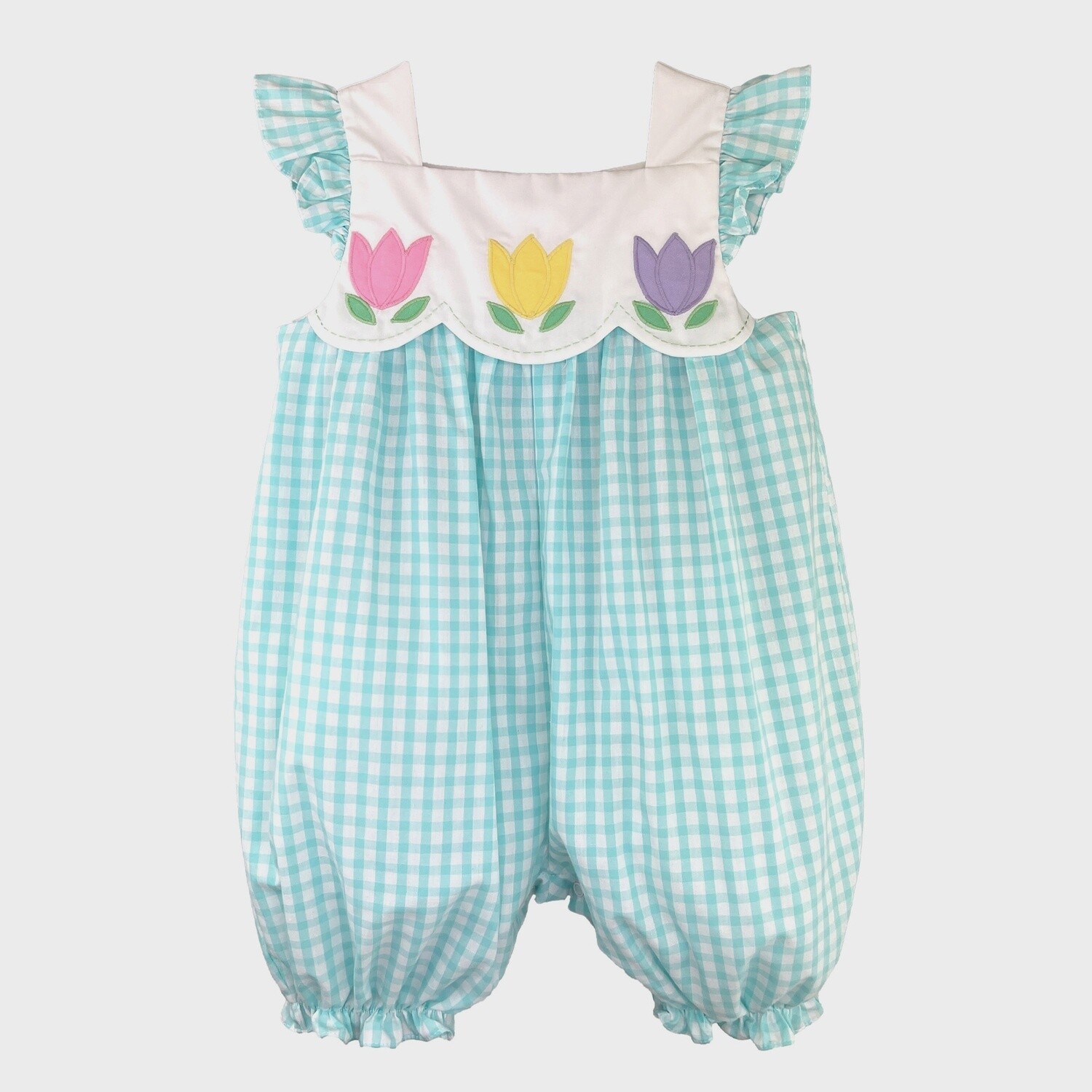 Seersucker Flower Appliqué Romper