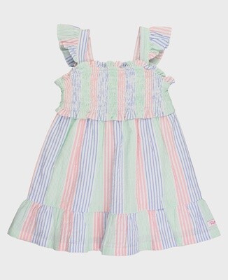 Multi-Color Seersucker Smocked Flutter Strap Dress