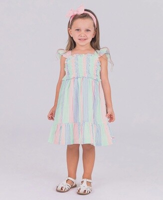 Multi-Color Seersucker Smocked Flutter Strap Dress