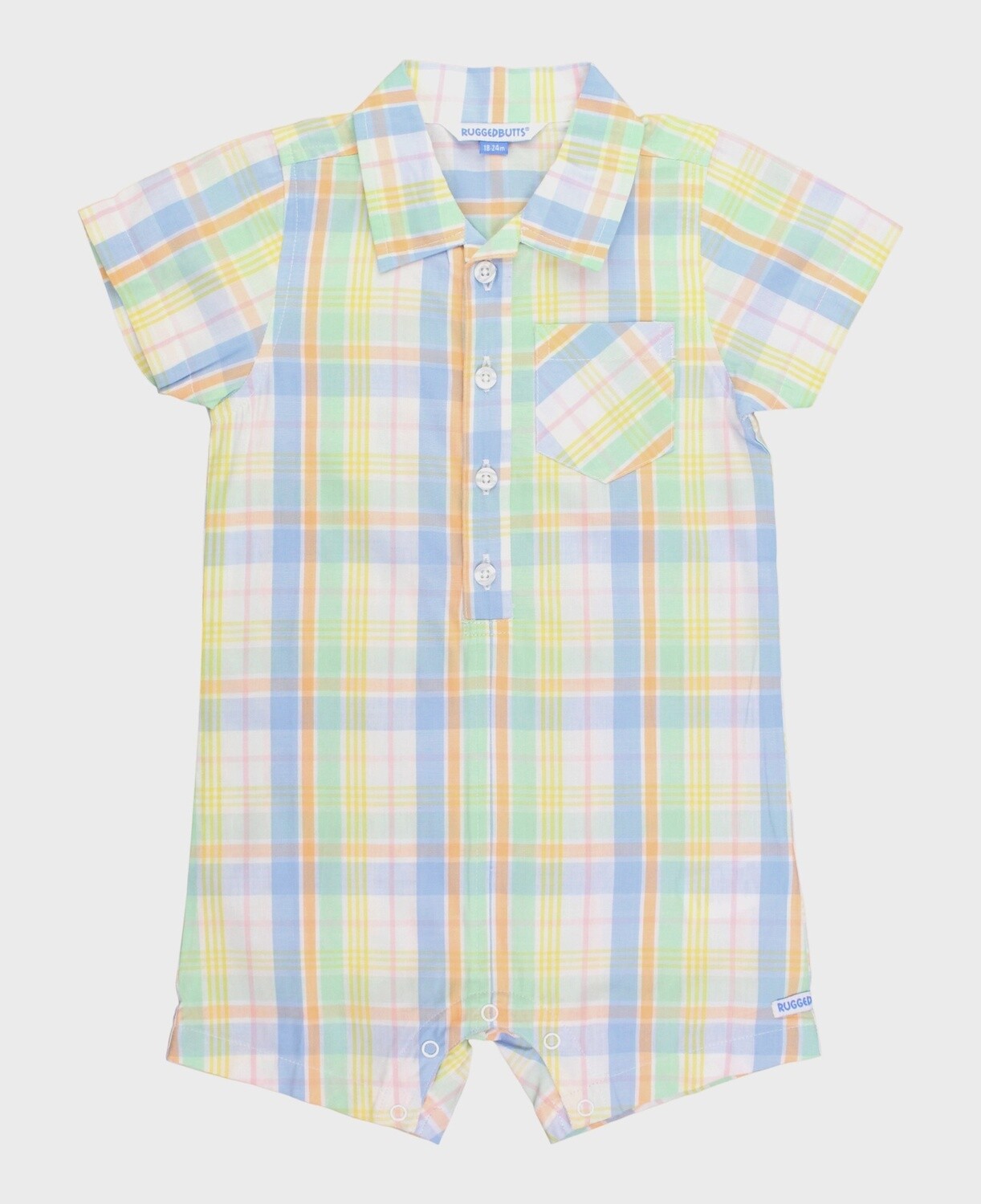 Clubhouse Rainbow Plaid Short Sleeve Woven Button-Up Romper