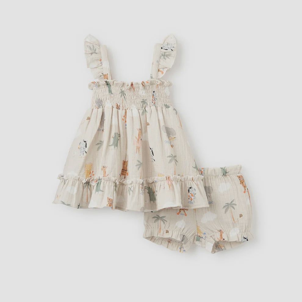 SEASIDE SAFARI ORGANIC MUSLIN SMOCKED DRESS W/ BLOOMER