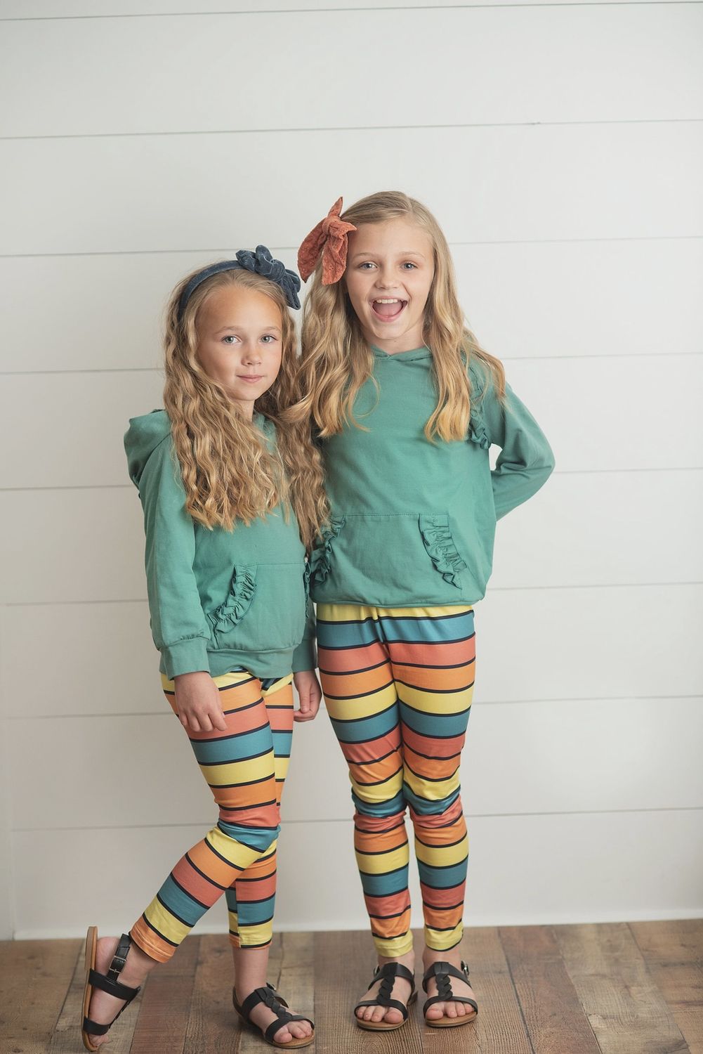 Kids Sage Ruffle Hoodie and Rainbow Stripe Leggings Fall Set