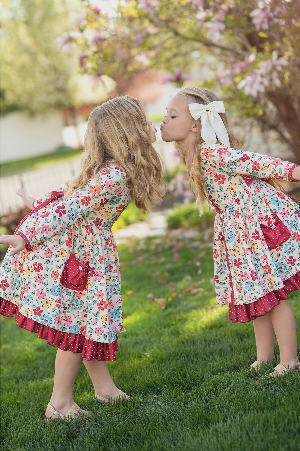 Kids Cream &amp; Burgundy Floral Ruffle Button Pocket Fall Dress