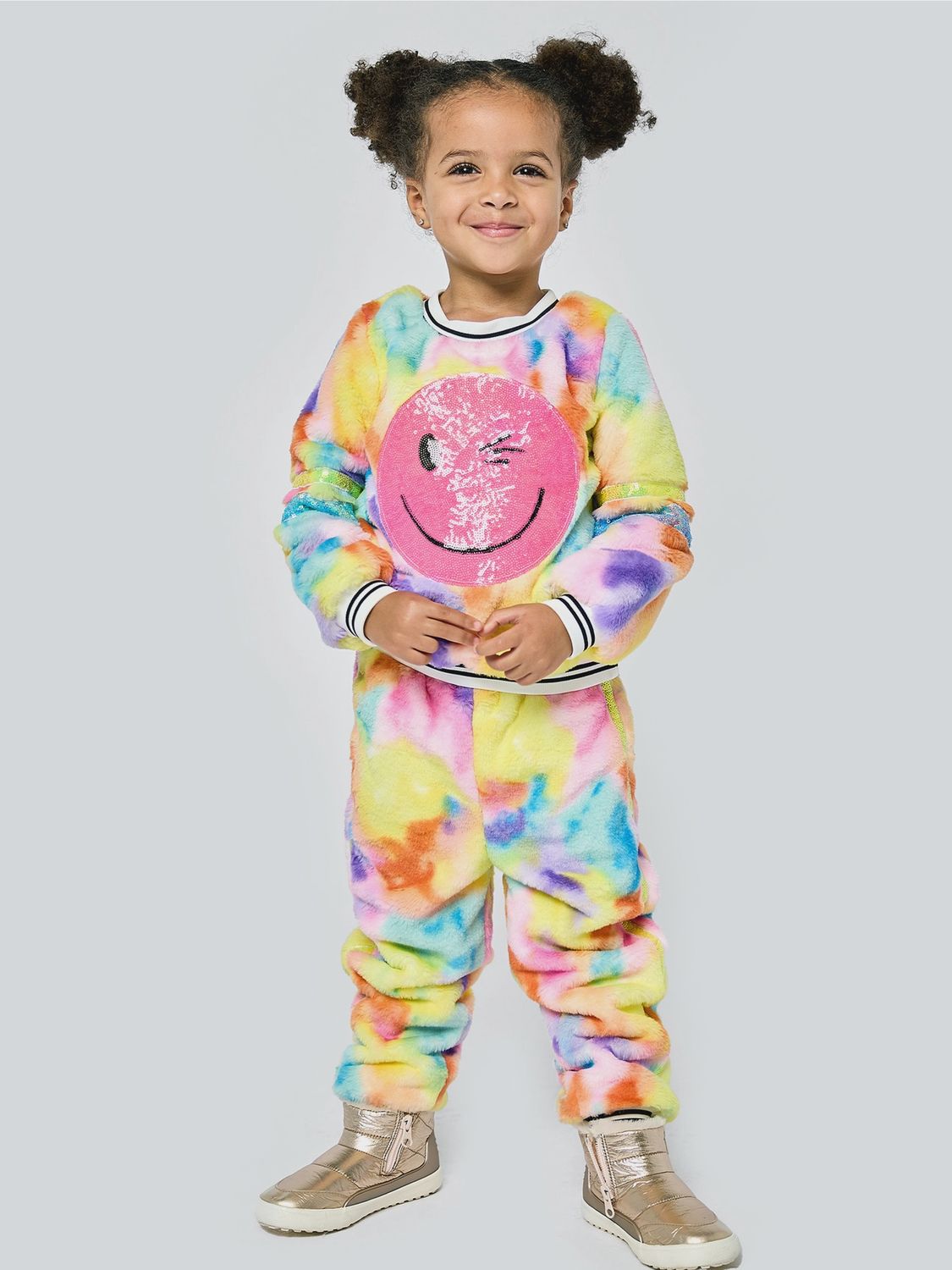 Faux Fur Cloud Print Joggers &amp; Faux Fur Cloud Print Top w/ Sequin Happy Face Patch