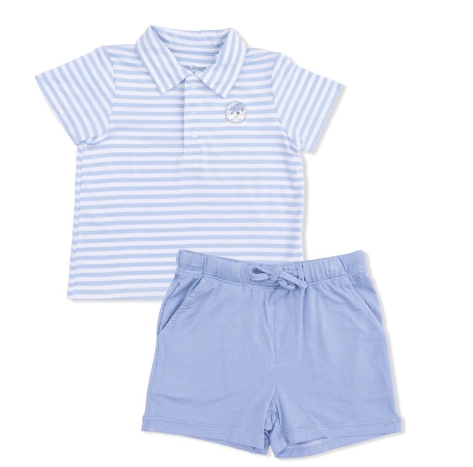 Golf Blue Stripe Polo Shirt &amp; Bamboo Short Set