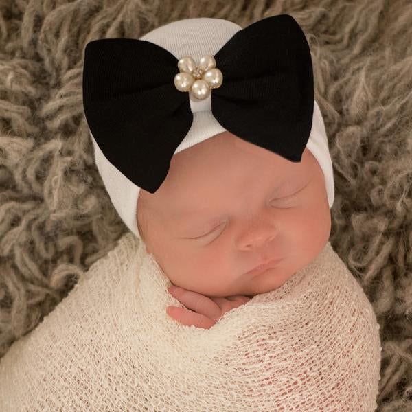 Black Chiffon Pearl Bow Newborn Girl Hospital Hat