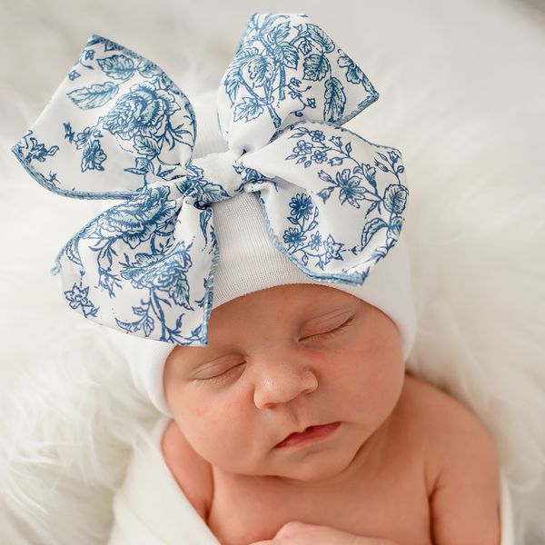 Blue Toile Floral Bow White Hospital Hat
