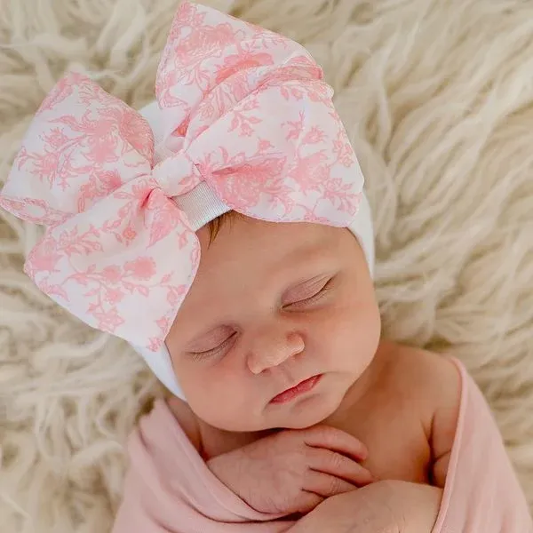 Pink Toile Floral Bow Newborn Girl Hat