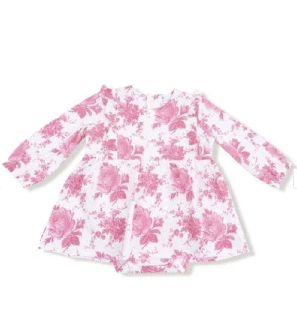 Vintage Pink Roses Ruffle L/S Bodysuit Dress