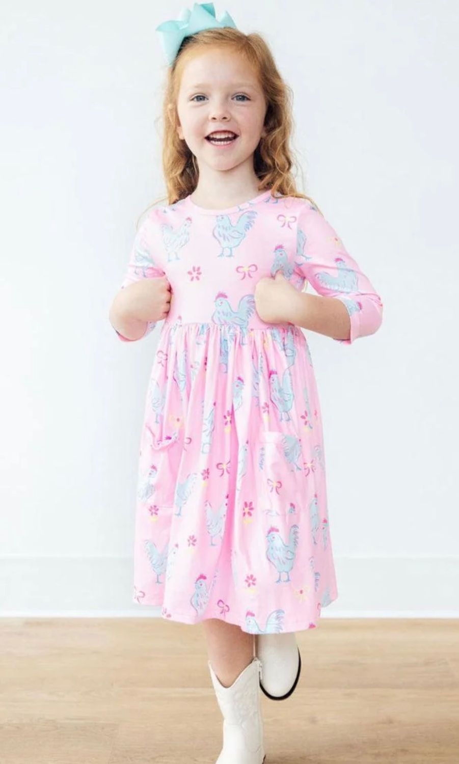 Pink Twirl Dress With Blue Chicken