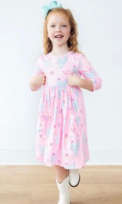 Pink Twirl Dress With Blue Chicken