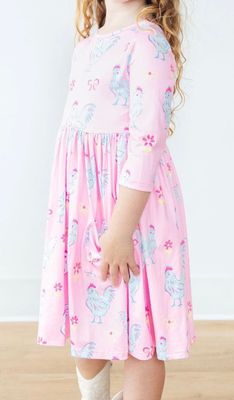 Pink Twirl Dress With Blue Chicken