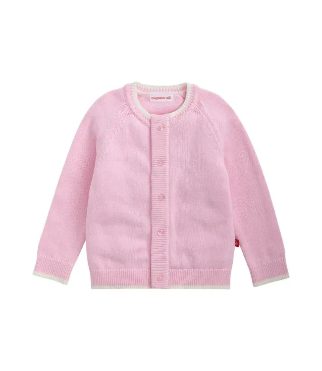 Pink Crew Neck Cardigan W/Tipping