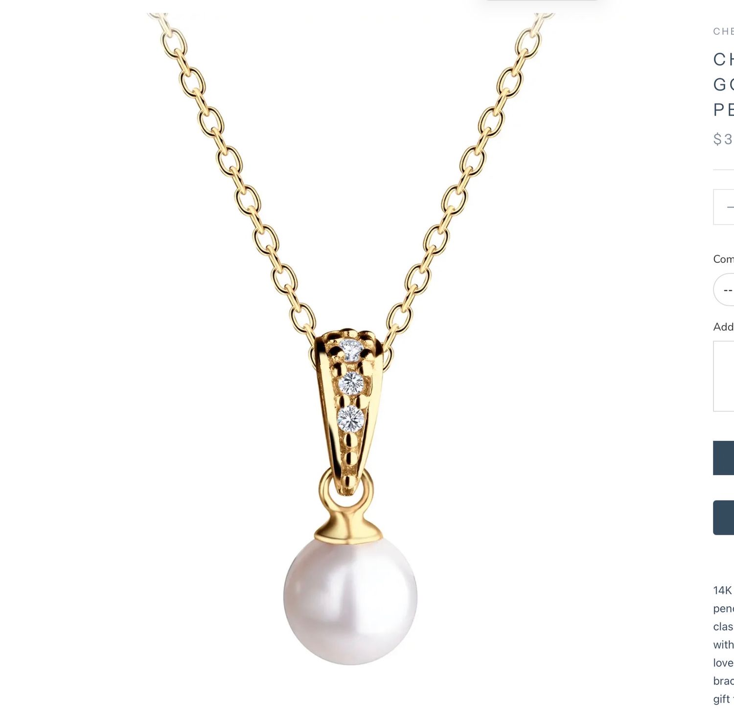 14K Gold-Plated Pearl Pendant Necklace 14"