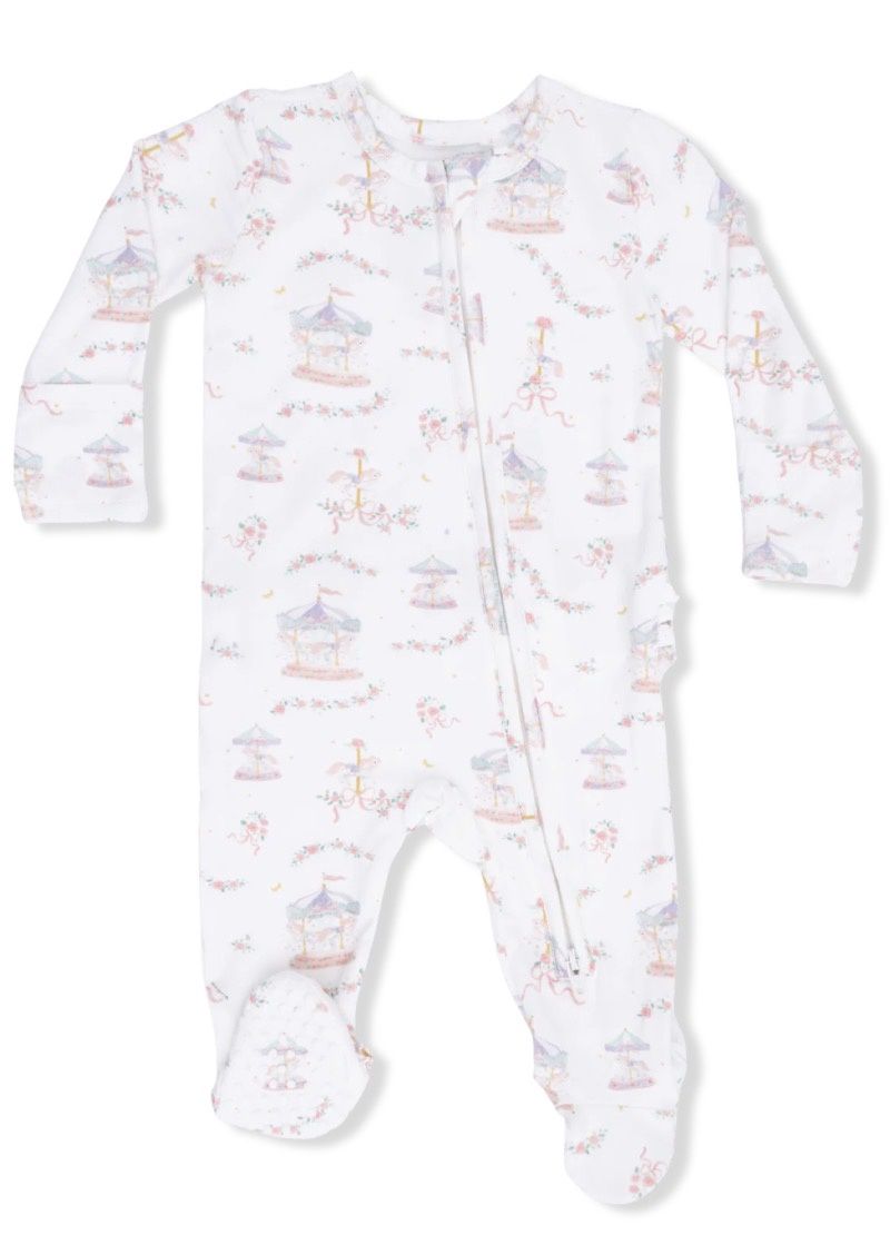 Carousel With Bows 2 Way Ruffle Back Zipper Footie