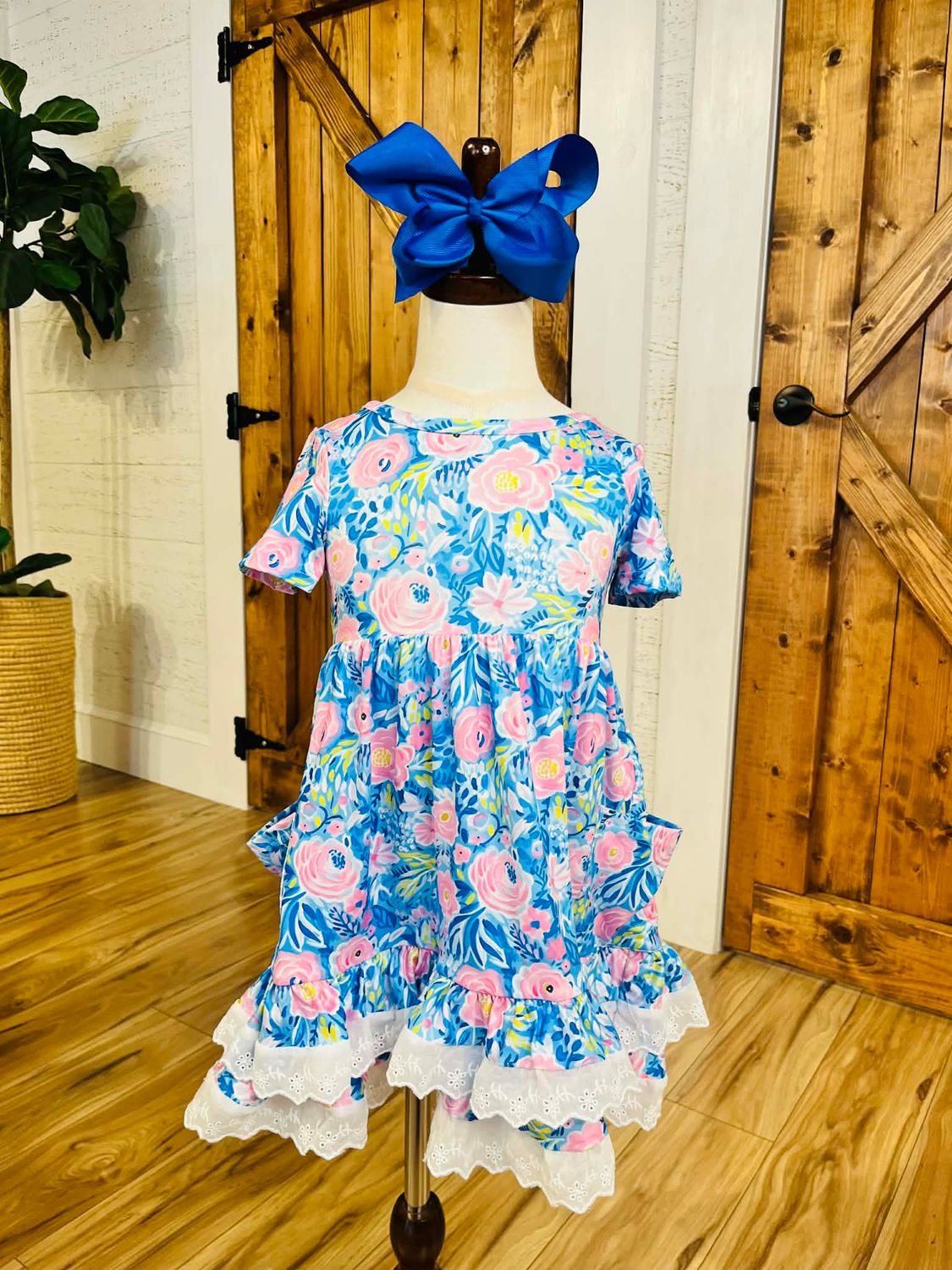 Spring Floral Girls Blue Dress Ruffle