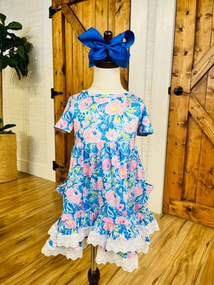 Spring Floral Girls Blue Dress Ruffle