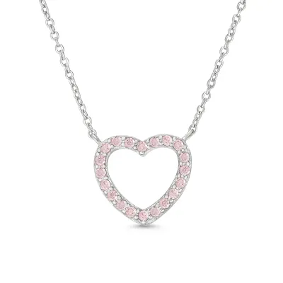 Pink CZ Open Heart Necklace Sterling Silver