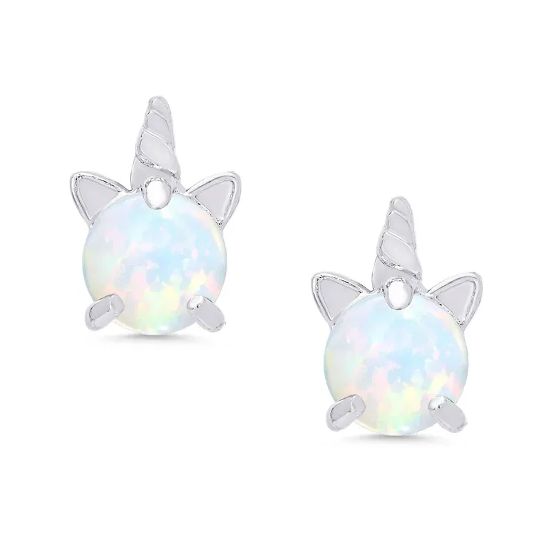 Lab Created Opal Unicorn Stud Earrings Sterling Silver