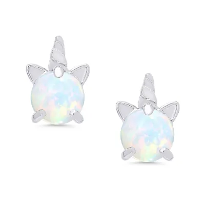 Lab Created Opal Unicorn Stud Earrings Sterling Silver