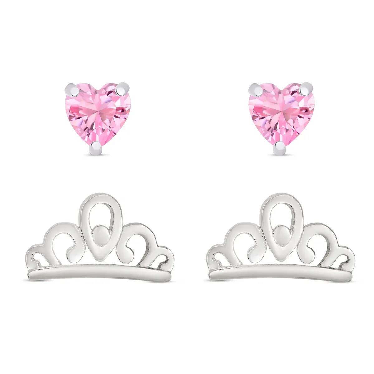 Princess Tiara &amp; Pink Heart Stud in Sterling Silver