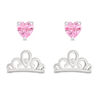 Princess Tiara &amp; Pink Heart Stud in Sterling Silver