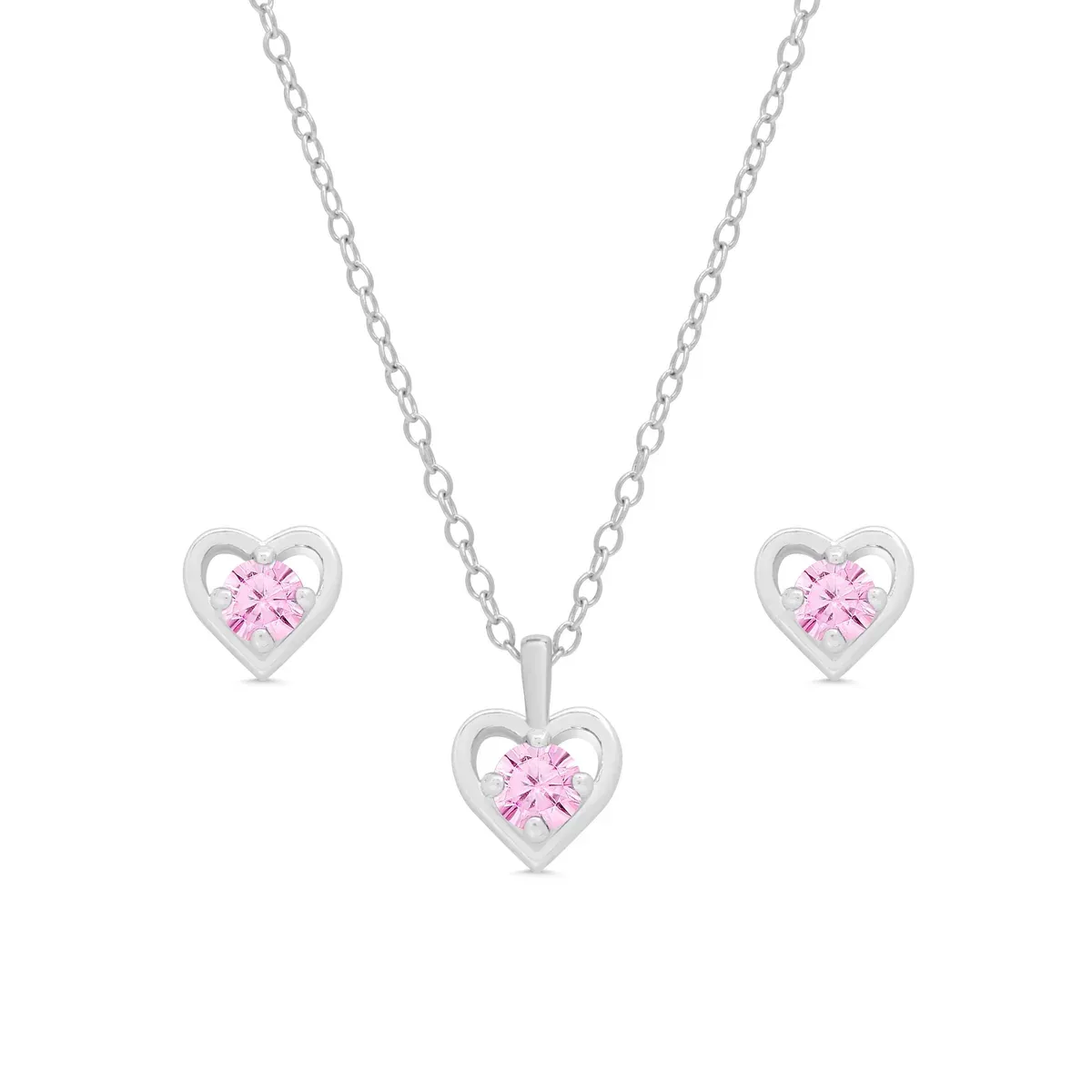 Pink Heart Stud &amp; Heart Necklace Set in Sterling Silver