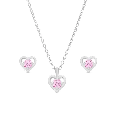 Pink Heart Stud &amp; Heart Necklace Set in Sterling Silver