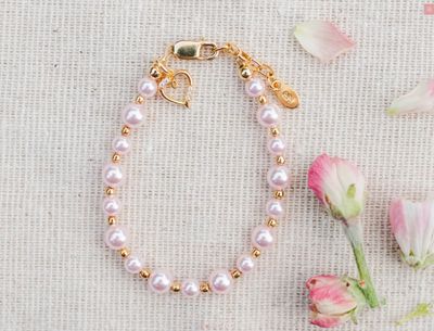 14K Gold-Plated Pink Pearl Baby Heart Bracelet Kids Jewelry