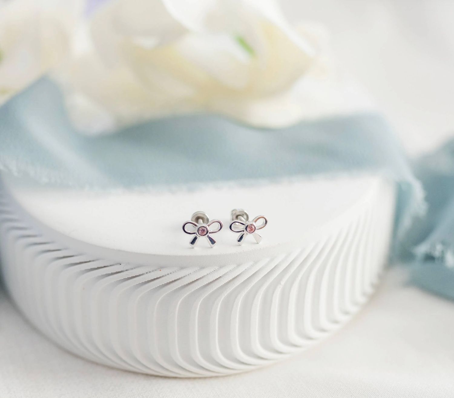 Girls Sterling Silver Pink Bow Screw Back Earrings For Kids