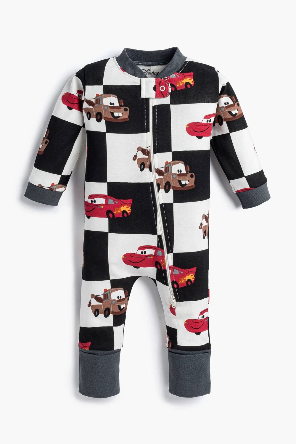 One-Piece Baby Pajamas_Disney Pixar Cars on Charcoal Checkerboard, Gender: Boy, Pattern: Disney Pixar Cars on Charcoal Checkerboard, Size: newborn