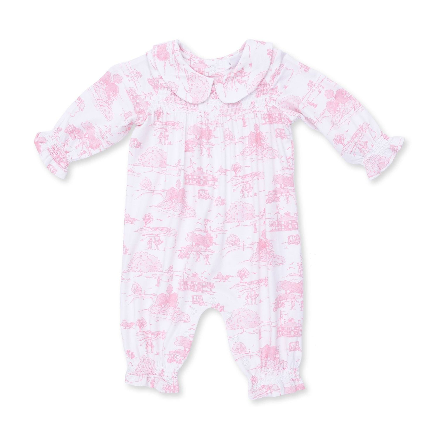 Golf Toile Pink - Smocked Long Sleeve Romper