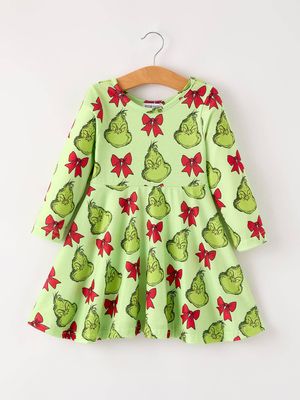 Winter Christmas Tree Bow Character Print  Green Girls Dress