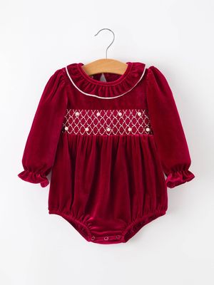 Christmas Velvet Smocked Baby Bubble Romper with Pearl Detail