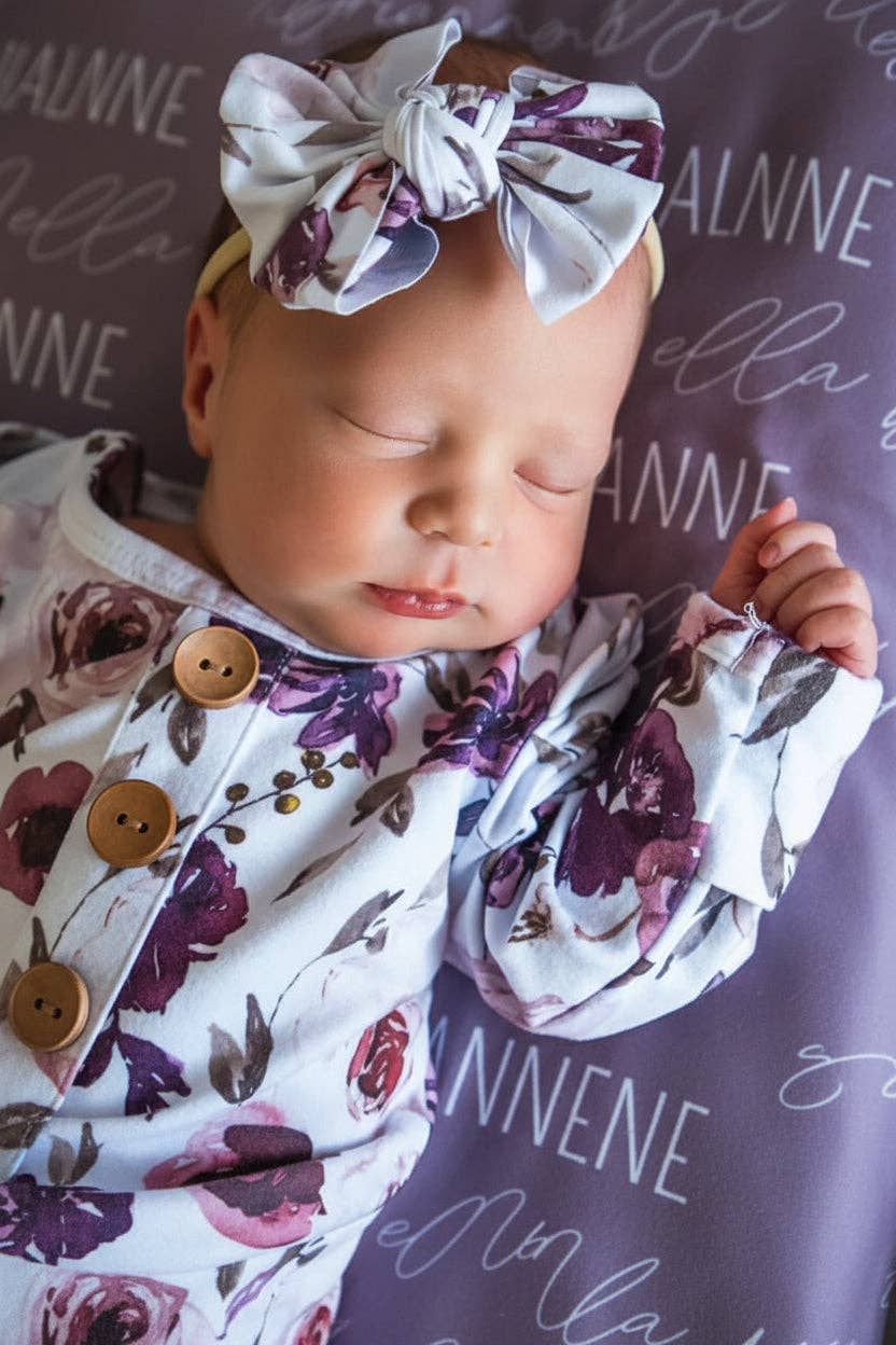 Demi's Dusty Purple Floral Newborn Baby Knot Gown &amp; Hat Set